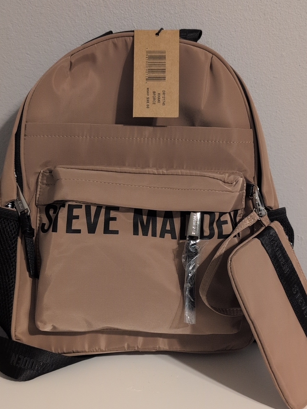 Steve Madden Beige/Tan Logo Front Pocket Backpack